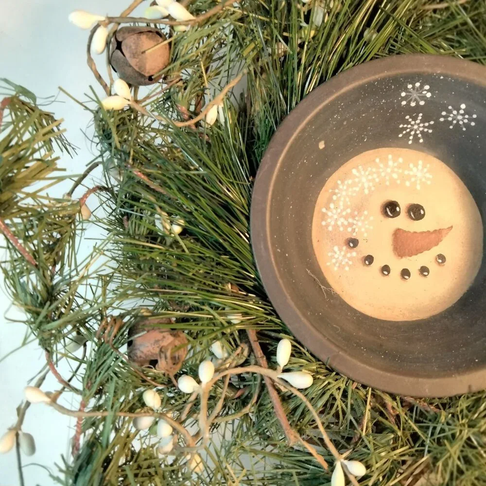 Snowman Wreath Rustic Jingle Bell Green Pine White Berry Handcrafted Centerpiece